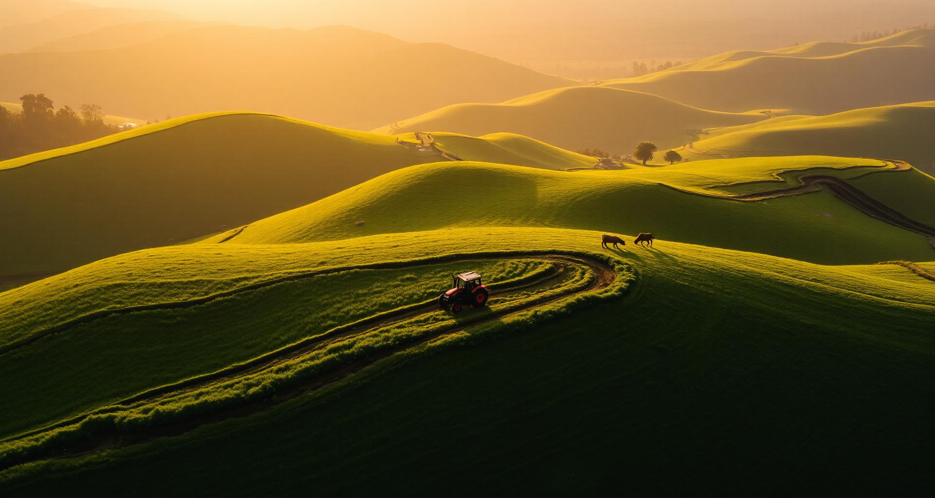 Rolling green hills with a tractor and cattle at golden hour
